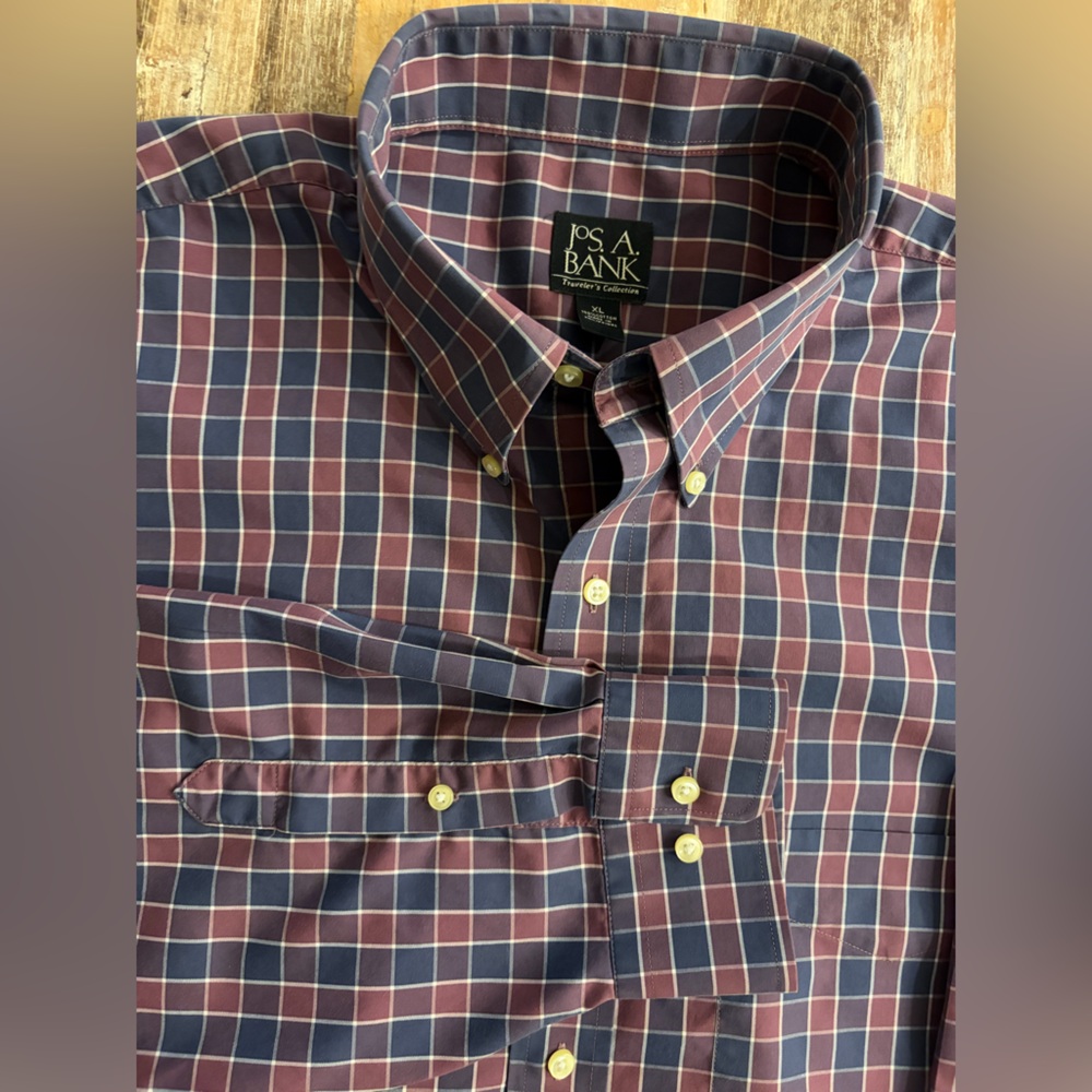 Jos. A.‎ Bank Traveler’s Collection Plaid Button-Down Shirt Blue Plum Size XL